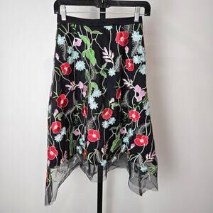 Eva Franco Embroidered Floral Midi Skirt Fairy Garden Pixie Black 0 Petite Indie
